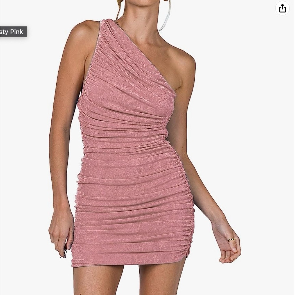 One Shoulder Ruched Sleeveless Bodycon Mini Short Dress in Dusty Pink